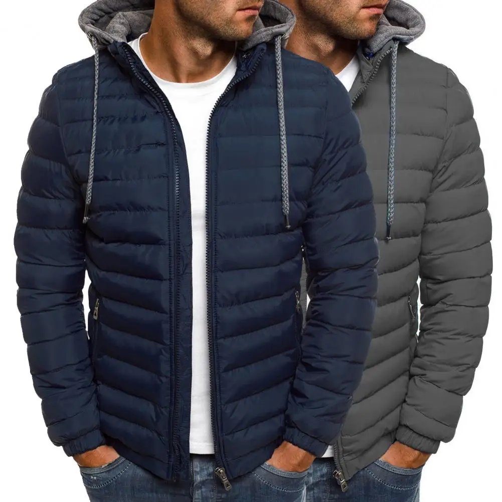 Men Winter Parkas Down Coat Solid Hooded Cotton Coat Jacket Detachable Hat Padded Cardigan Drawstring Winter Streetwear
