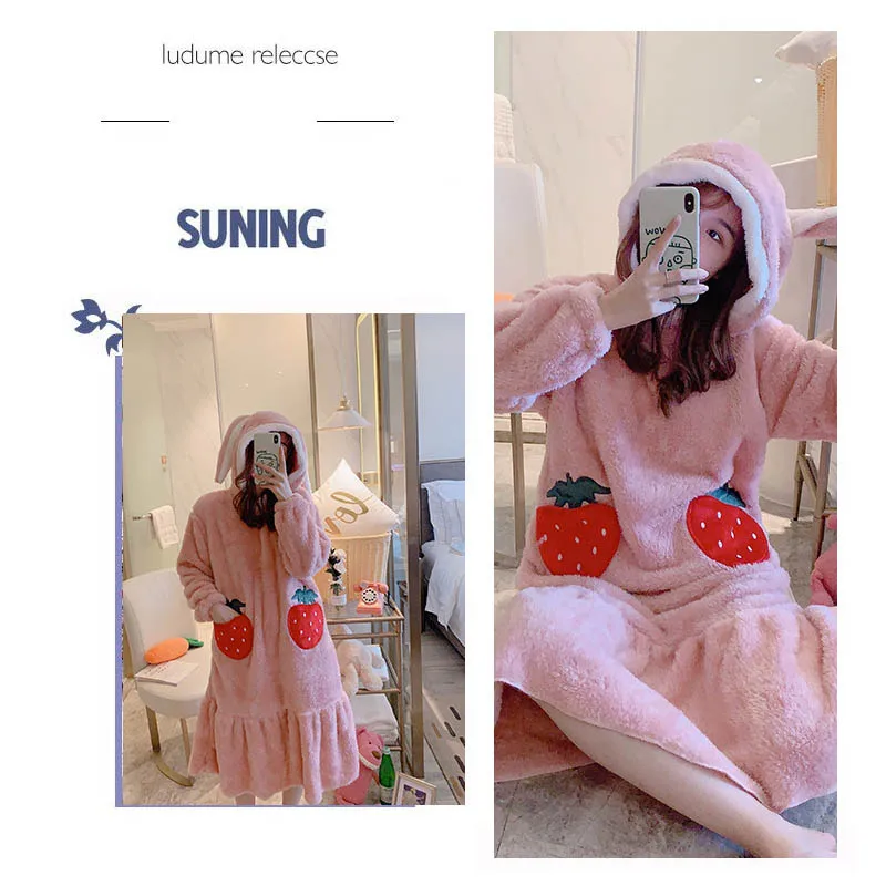 Warm Winter Women Nightgown Cute Animal Cartoon Nightdress Thickening Hooded Home Wear Clothes Velvet Sleep Lounge Night Dress