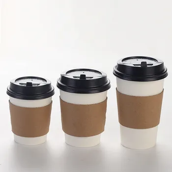 

50pcs Thick disposable coffee cup 14OZ 400ml/16OZ 500ml milk tea hot drink paper cup with lid and kraft paper sleeves wholesale