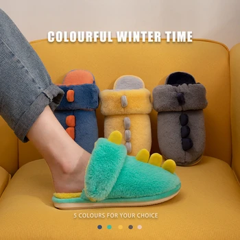 

Warm Slipper Cartoon Dinosaur Couple Cotton Shoes Short Plush Indoor Shoes For Male Non Slip Fur Home Men Slippers Size 36-45