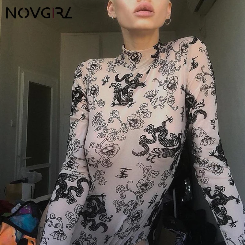 Novgirl модный сексуальный сетчатый комбинезон с цветочным принтом дракона для женщин облегающий костюм с высоким воротом и длинным рукавом Клубная одежда Комбинезоны