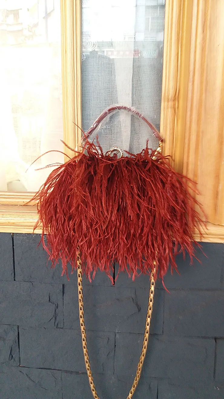 2022 Luxury Ostrich Feather Party Evening Clutch Bag Women Wedding Purses and Handbags Small Shoulder Chain Bag Designer Bag