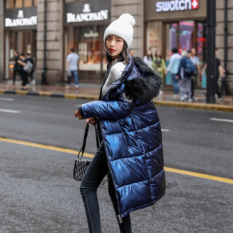 

2019 New Style down Jacket Women's Mid-length Glossy Black Thick Loose-Fit Large Fur Collar Long over-the-Knee Winter Fashion