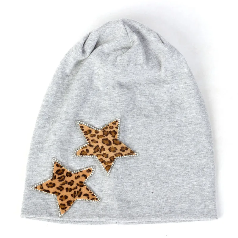 Light Gray Женская зимняя мода леопардовые звезды Стразы Skullies Beanies для женщин хлопок эластичные мешковатые однотонные Шляпы Береты-кепки - Цвет: Light Gray