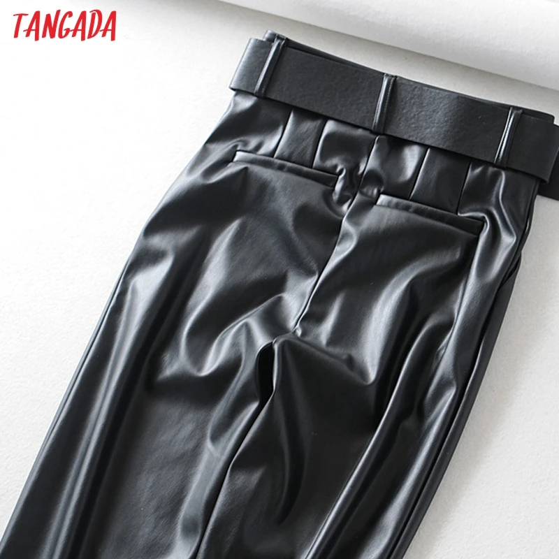 Tangada женский черный костюм из искусственной кожи брюки с высокой талией брюки с поясом и карманами женские офисные брюки из искусственной кожи 6A05