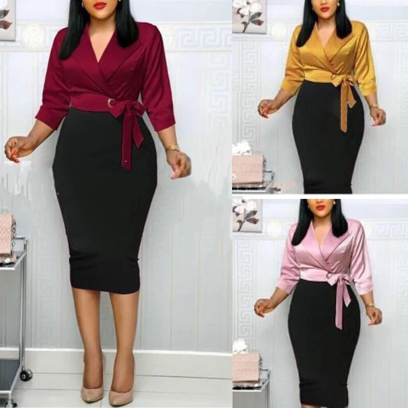 MD 2020 Autumn Winter Plus Size Dress African Women Pink Black Patchwork Elegant Office Ladies Dresses V-neck Party Robes | Тематическая