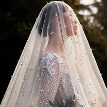 

Bridal veil Pearl Beaded Veil white 1.5 width chapel wedding veils wedding vail accesories women wedding decoration