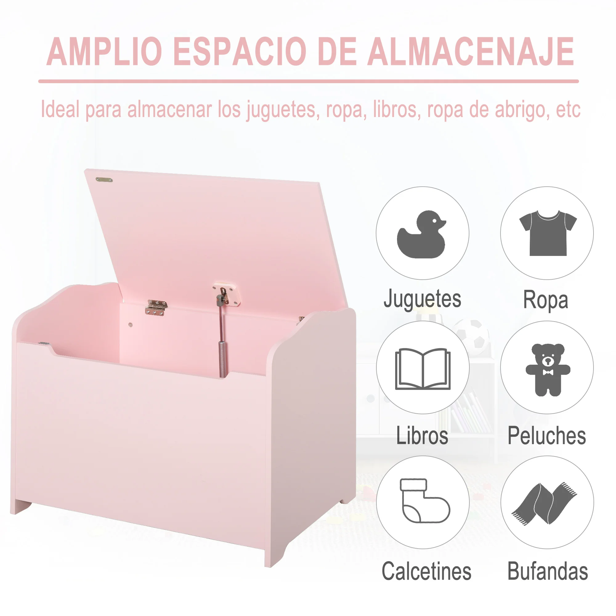 HOMCOM Caja de Almacenaje para Juguetes Baúl Organizador para Niños +3 Años  con Tapa 60x40x48 cm para Libros Ropa Color Rosa 60x40x48cm