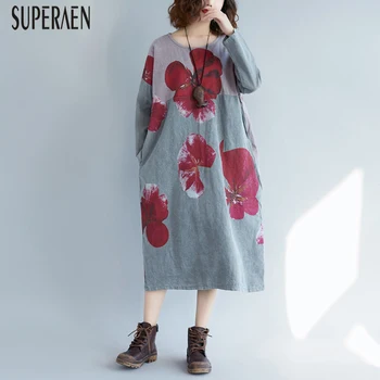 

SuperAen New Printed Round Neck Dress Women 2020 Spring Cotton Linen Ladies Dress Pluz Size Long Sleeve Women Clothing