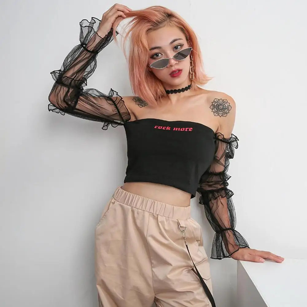 

Fashion Women Off Shoulder Boob Tube Crop Top Bralet Mesh T Shirt Cami Tank Top