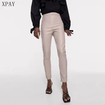 

2020 New Autumn Spring Elegant Lady PU Slim Elastic Pencil Trousers Black Beige Women Warm Splice High Waist Warm High Waist XL