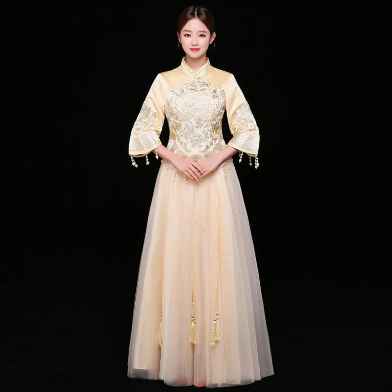 Вышивка Cheongsam винтажное бальное платье ручной работы с бусинами Vestidos женское традиционное китайское свадебное платье цвета шампань