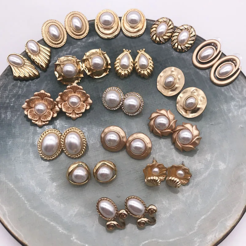 12Pairs//lot Vintage Stud Earrings For Women Round Water-Drop Oval Foil Jelly Stone Pearl Earring Gifts