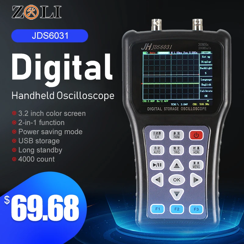 

New Hand-held Oscilloscope Digital Oscilloscope 1 channel 30MHZ 200MSa/S with Portable USB Charger Probe Cable Jinhan JDS6031