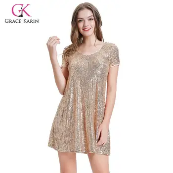 

Grace Karin Sequin Party Dress Women Summer Casual Short Sleeve A-Line Dress Short Mini Dress Flared Sequined Dresses 2020