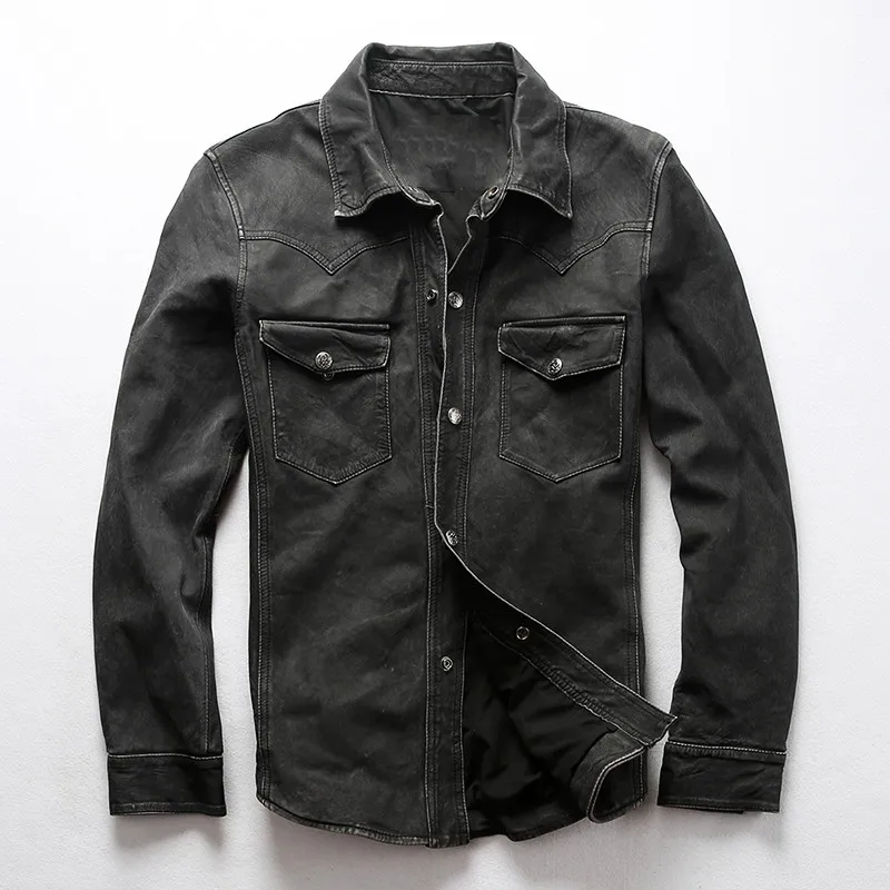 Черная Мужская Американская приталенная кожаная рубашка размера плюс XXXL из натуральной тонкой овчины Весенняя Байкерская кожаная рубашка - Цвет: Vintage Black