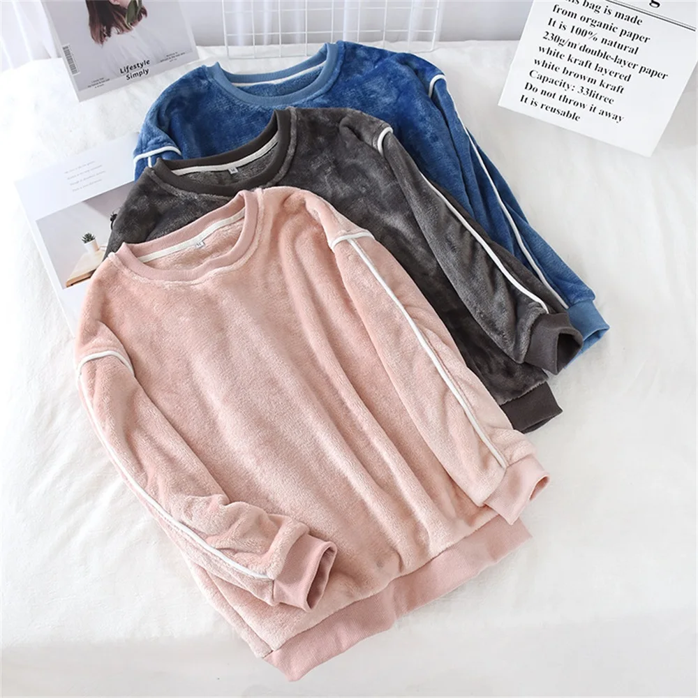 

Pijamas Women Men Winter Flannel Thick Warm Sleepwear Long Sleeve O-neck Patchwork Couple Pajamas Home Clothes Louge Sleep Tops