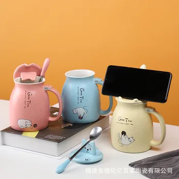 

Mug cup INS cute girl's heart ceramic cat cup cup with lid spoon coffee cup