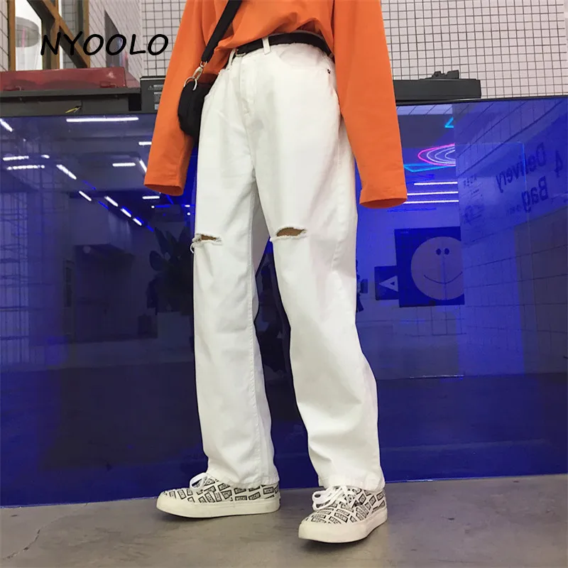 NYOOLO Harajuku Дизайн Винтажные белые рваные белые джинсы осень уличная свободная полная длина женские джинсовые брюки мужские