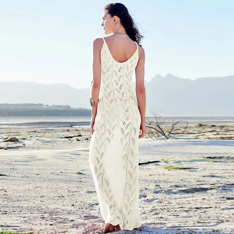 Sleeveless Knitted Beach Tunic Dress Women Hollow Crochet Bikini Cover Up Long Kaftan Cotton Swim Cover-Ups Robe De Plage