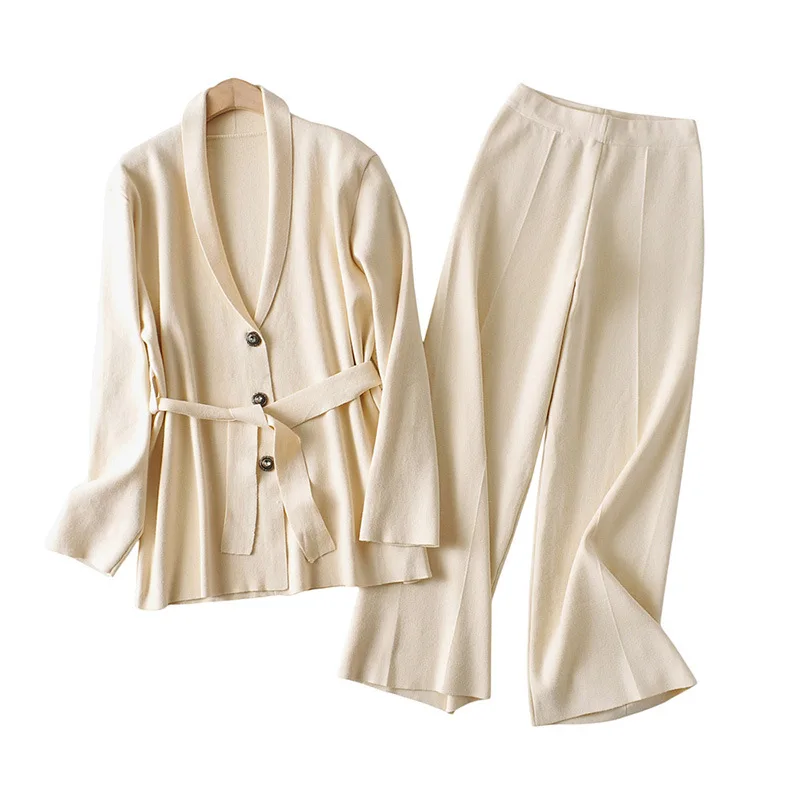 

European and American Style 2020 Hot Autumn Non-Mainstream Commuter Solid Color Lace-up Top + Elastic Waist Wide Leg Pants Suit