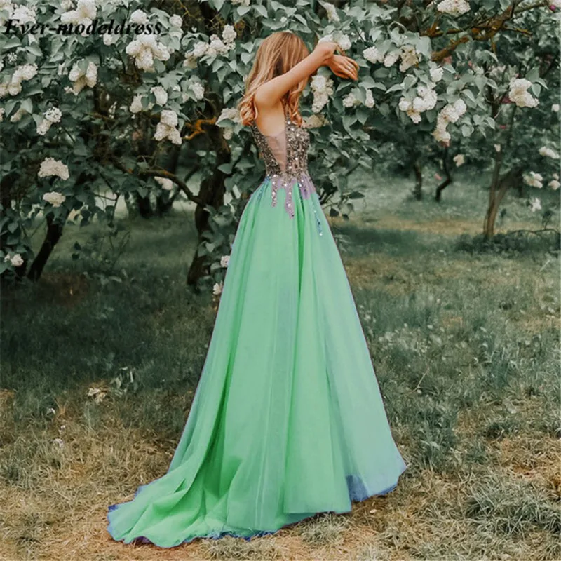 Robe De Soriee платья для выпускного вечера со стразами длинные глубокий v-образный вырез бисером без спинки прозрачные трапециевидные Формальные Вечерние платья на заказ - Цвет: Зеленый