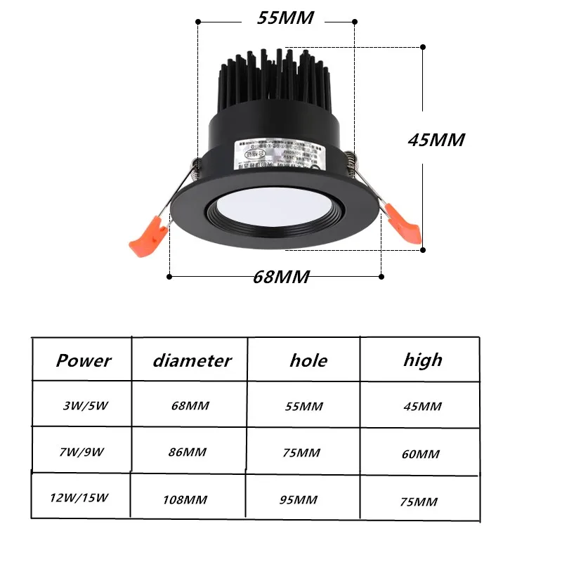 LED Downlight dimmable 3W 5W 7W 9W12W cob led spot 220V / 110V ceiling lamp recessed down lights round led light black body