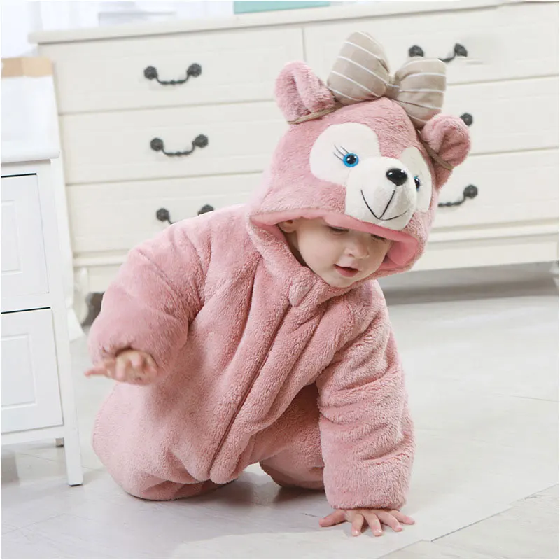 light rose Милый BearKigurumis Детские Зимняя одежда Thinkening теплая Пижама для новорожденных и мальчиков ползунки для девочек домашняя одежда для детей костюм животного костюм на молнии - Цвет: light rose