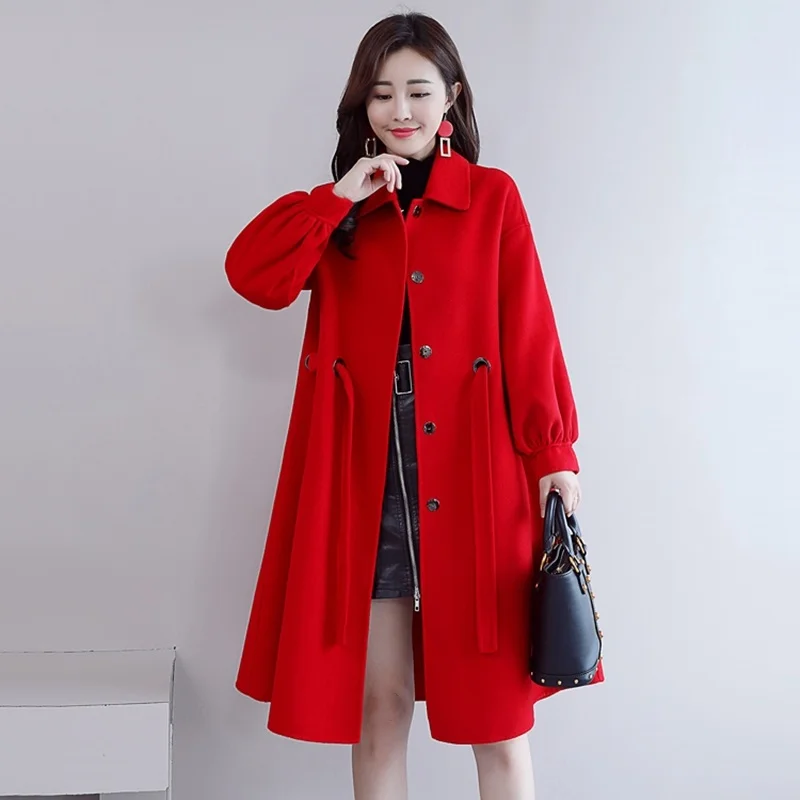 Long Elegant Wool Blends Coat Women Winter Casual Turndown Lace-Up Woolen Coat Korean Vogue Lantern Sleeve Warm Outerwear AA5080