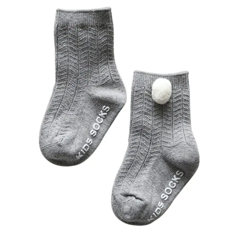 Pompom Gray Детские носки до щиколотки; Детские Зимние хлопковые теплые носки с помпонами и кромками; D08C - Цвет: Pompom Gray