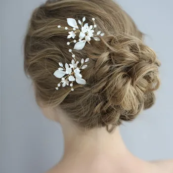 

6Pcs Handmade Ceramic Flower Gold U Shape Hairpins Freshwater Pearl Korean Wedding Bridal Hair Accessories