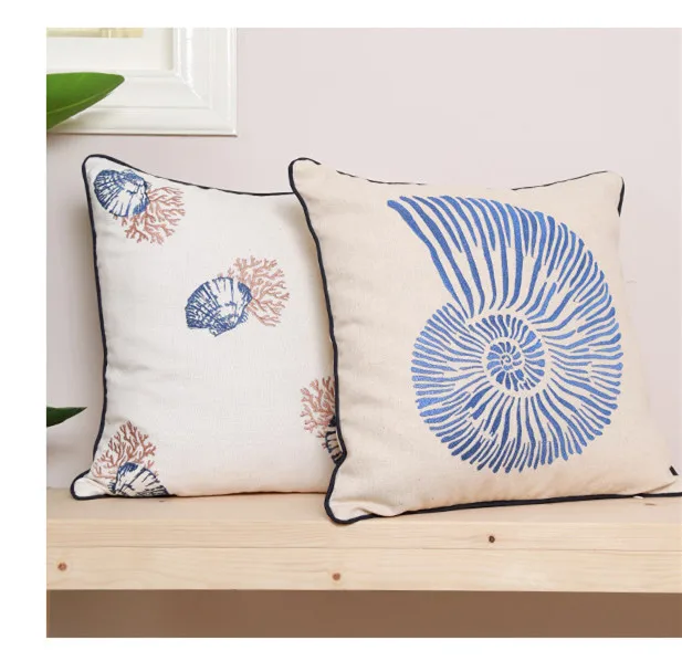 Waliicorners Tassels Decoration Flowers Sea Conch Cushion Cover 45x45cm Vintage Navy Blue Pillow Cover 15 He5d68f84c91f42a18d1721afb00f8c01D