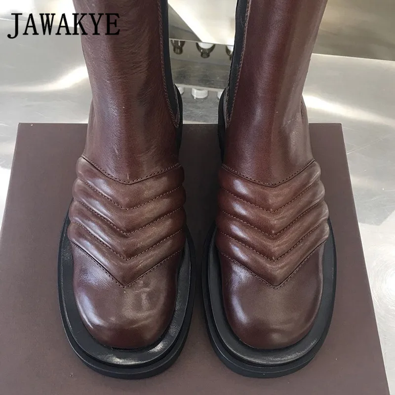 New Corrugated Round toe Thick bottom ankle Boots for women brown black wave Leather Runway Shoes flat Motorcycle Martin boots