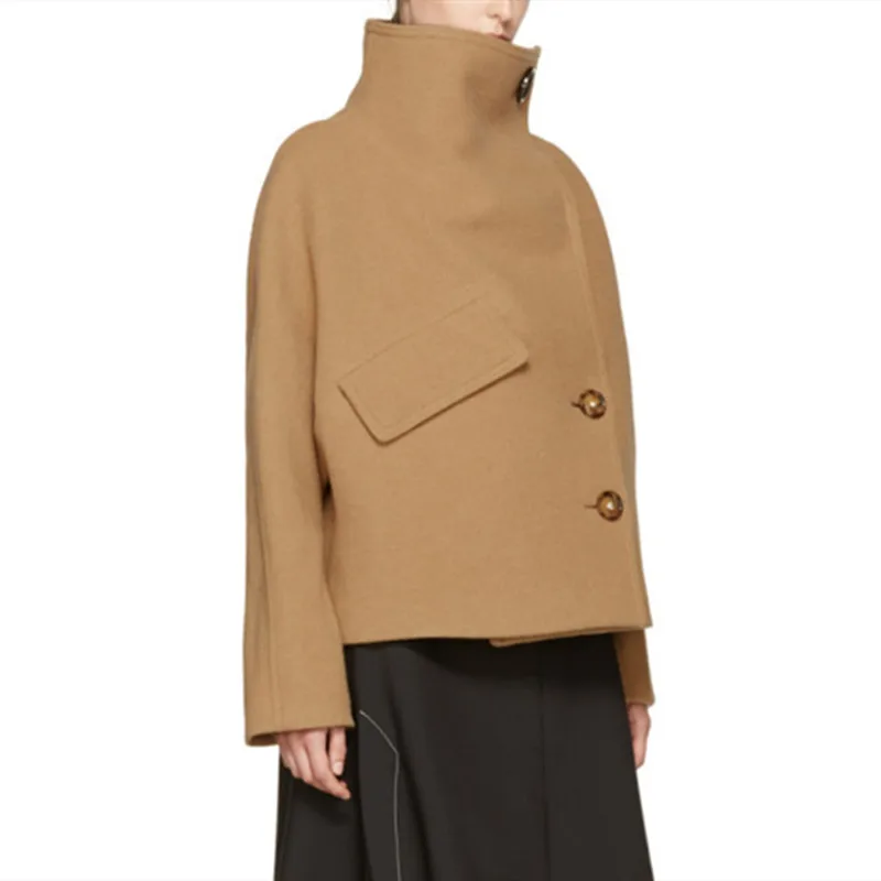 

Autumn Winter Women short Jacket Woolen Coat Ladies fashion turtleneck Outwear top with large Pocket