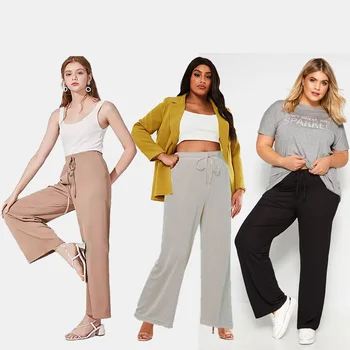 

Dropshipping Women Thin Knit Trousers Wide Leg Loose Pants Ankle Length Pants Casual trouser Elastic Waist Plus Size S-7XL