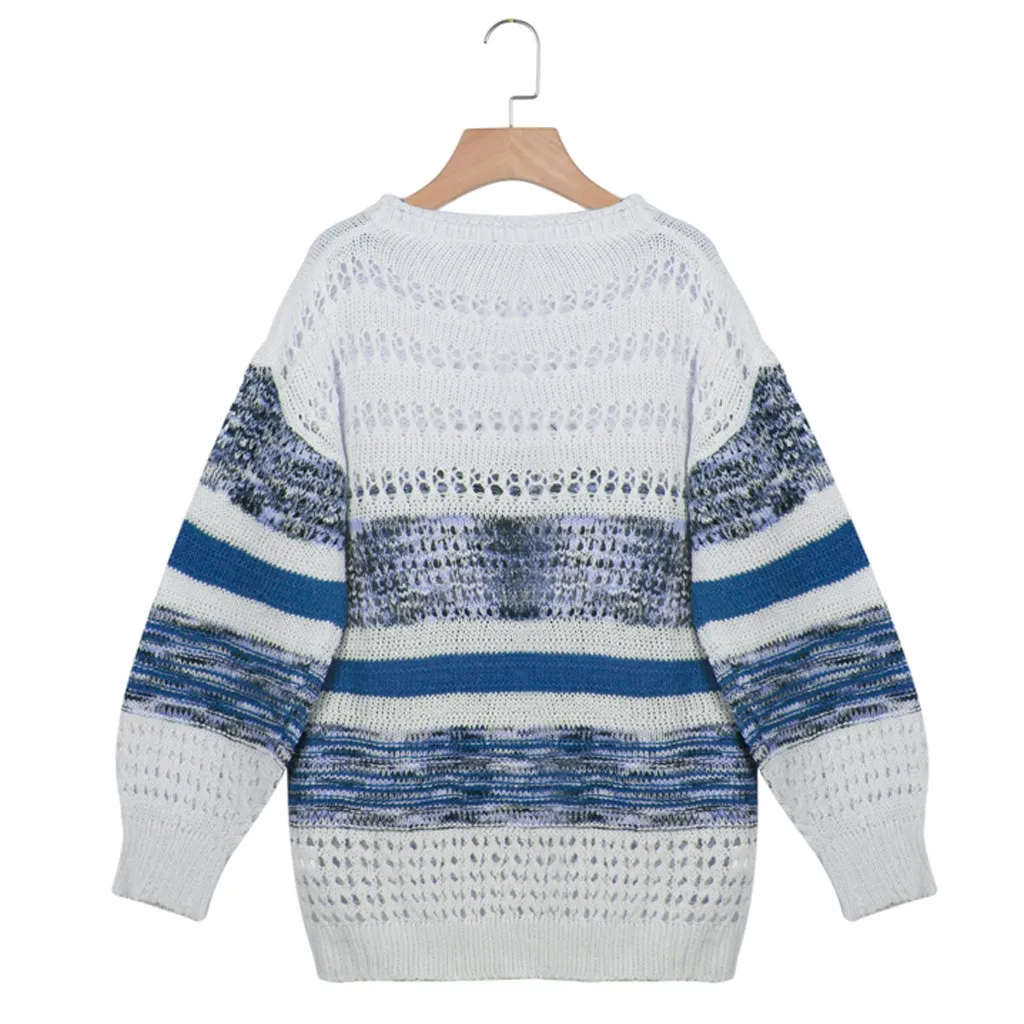 Женский вязаный свитер в полоску, свитер с длинным рукавом, пуловер, повседневные свободные свитера, джемпер, топ, Осень-зима, женский