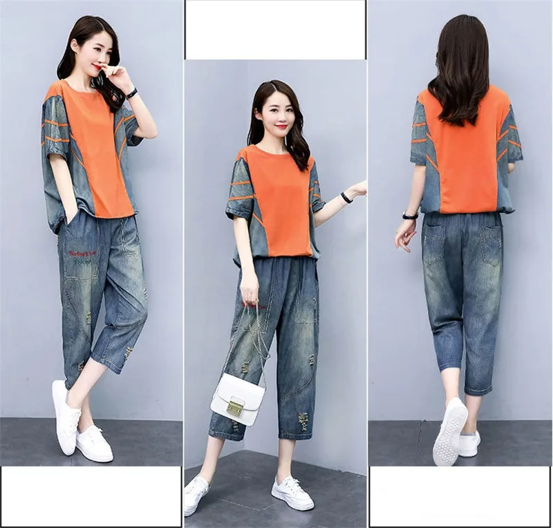 feminino denim terno seção fina verão nova moda jeans duas peças femininas de manga curta topo
