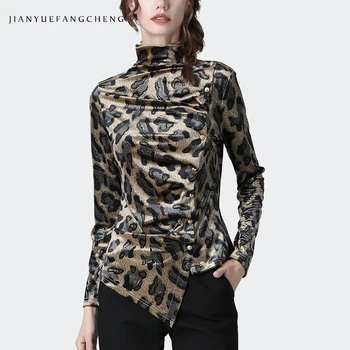 

Fashion Golden Leopard Velvet Blouse Women 2019 New Winter Tops High Neck Elegant Slim Warm Female Bottoming Blouses Plus Size