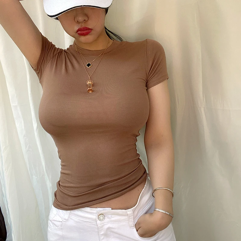 AOSSVIAO 2025 الصيف شخصية تي شيرت موضة الفتيات بلايز قصيرة الأكمام ضئيلة تي شيرت المرأة الكورية القطن تي شيرت فام 2