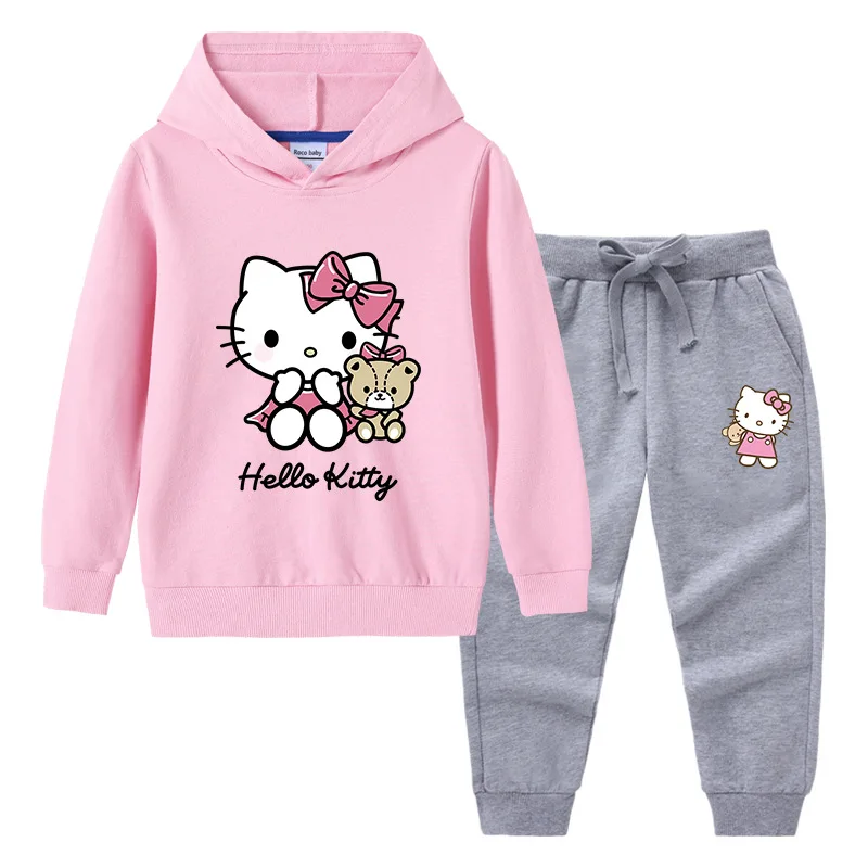 thumbnail image 1 of Hello Kitty, nueva ropa para niños, jersey para niñas, suéter con capucha, pantalones de dos piezas, traje deportivo de manga larga de algodón para bebés, 1 of 5