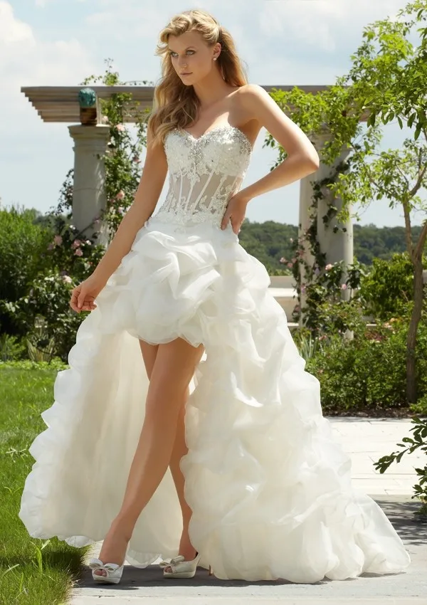 

Novelty Party Hi-Lo Sheer Bodice 2018 Organza Bridal gown for Women with Court Train vestido de noiva bridesmaid dresses