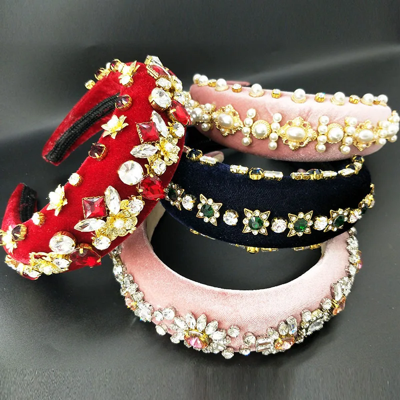 Comprar Tiaras y coronas barrocas personalizadas banda de pelo hecha a mano de terciopelo ancho diadema de cristal de Color de lujo accesorios para el cabello de boda