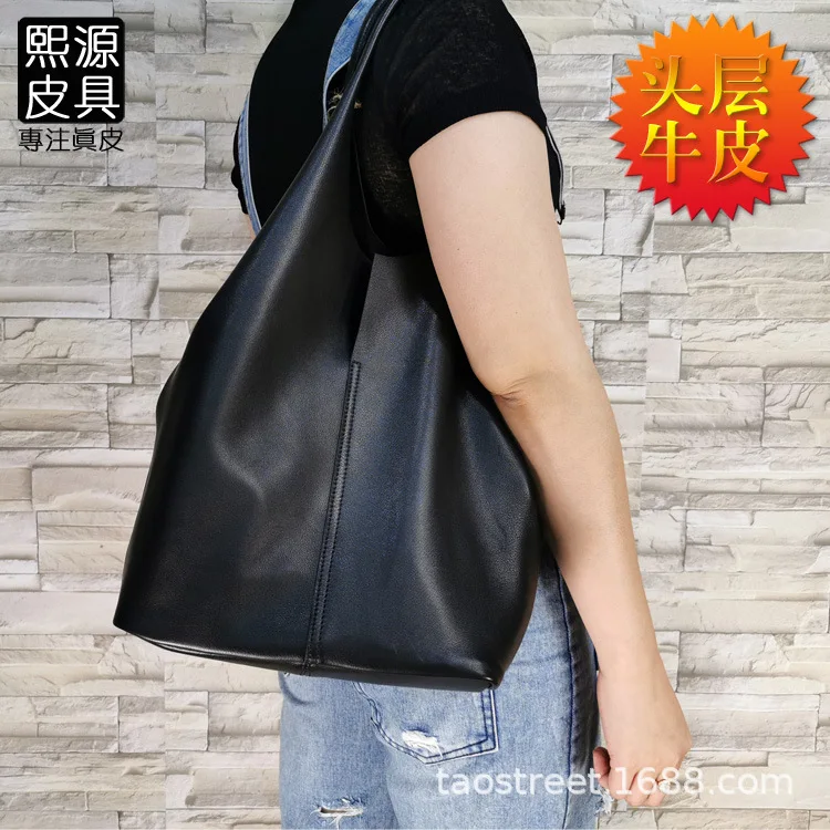 

2019 Autumn And Winter New Style WOMEN'S Leather Bags Full-grain Leather Simple Large-Volume Large Tote Bag Fashion Shopping Bag