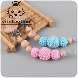 Kissteether 1pcs Baby Crochet Bead Pacifier Chains Safe Anti Dropping Chew Wood Bead Infant Pacifier Clips for Baby Teether Gift