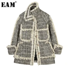 [EAM] шерстяное пальто свободного кроя в черную клетку с кисточками, парки, новинка, длинный рукав, женская мода, Осень-зима, 1B402