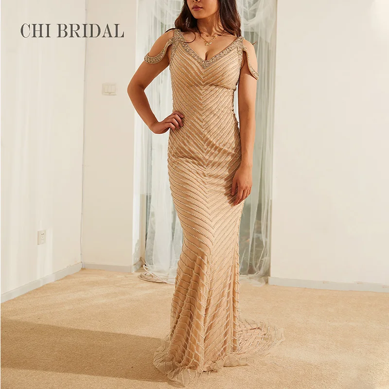 『Cheap!!!』- V-Neck Sexy Evening Dress Fashion And Elegant Mesh Fabric
Sling Drop Shoulder Dress Handmade Beaded Tailing Evening Dress