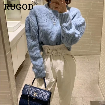 

RUGOD ins Fashion knitted sweater women Vintage puff sleeve round neck pullovers female 2019 winter auturm warm knitwear Fashion
