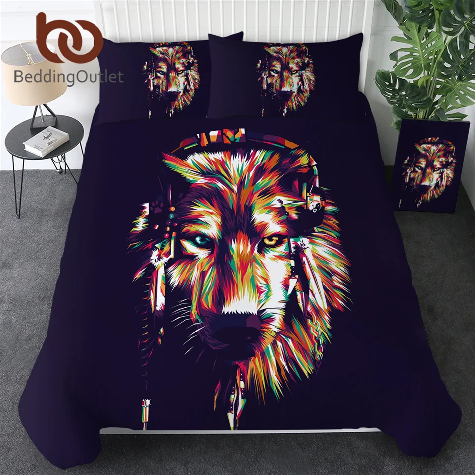 Постельные принадлежности Outlet Cosmic Wolf Комплект постельного белья прослушивание музыки пододеяльник животные пододеяльник красочные хиппи домашний текстиль 3 предмета