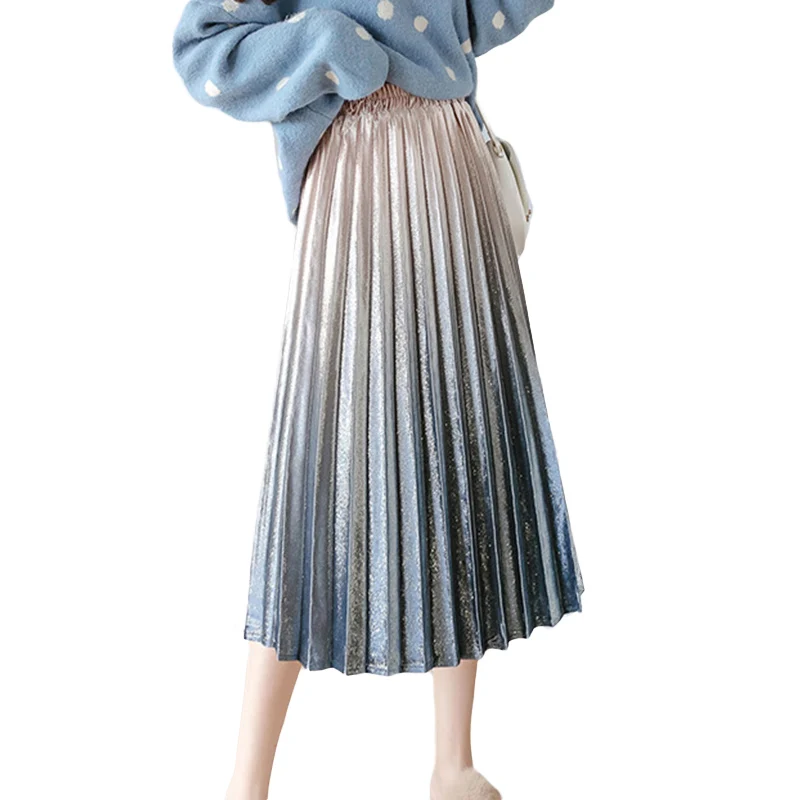 JUAYKALA Women's Autumn Winter Gradient Skirt Gold Velvet Pleated Metal Bright Silk High Waist Blusa Feminina | Женская одежда