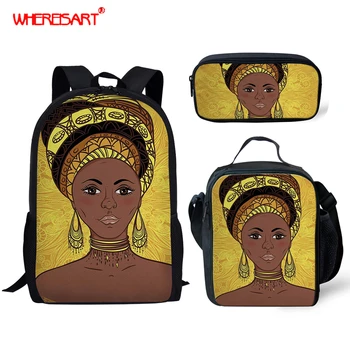 

WHEREISART 2019 Kids Bags Black Queen African School Bag Set For Teen Girls Student Schoolbag Retro Primary Children Bookbag